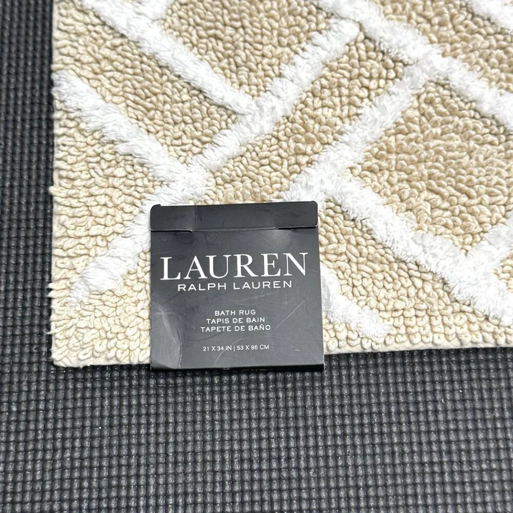 Ralph Lauren 21 x 34 Bath Rug Mat Cotton Beige Tan Geometric Striped Diamonds